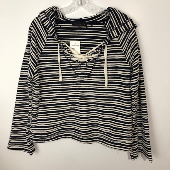 Sanctuary Textured Stripe Hoodie Small NWT Navy Cream Lace-Up Pullover - Picture 5 of 7